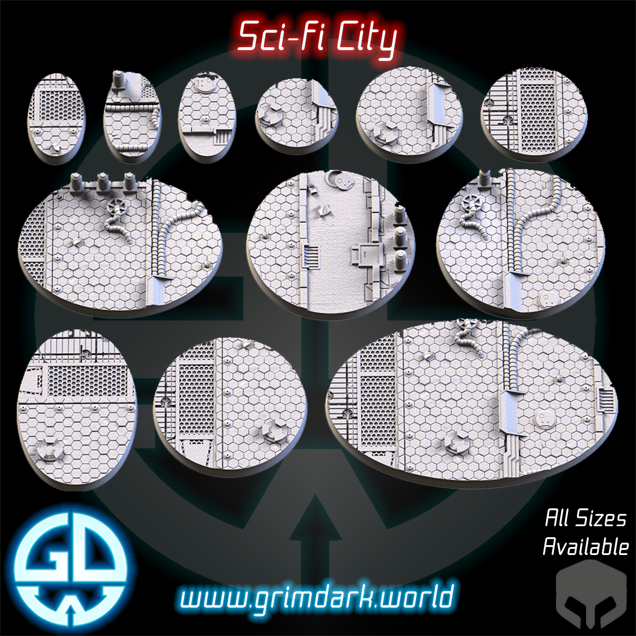 a set of eight round bases for a sci - fi city