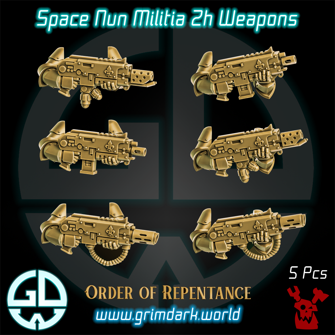 a set of four golden metal weapons