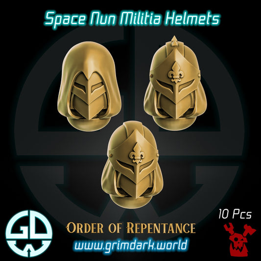 a set of three gold helmets with a black background