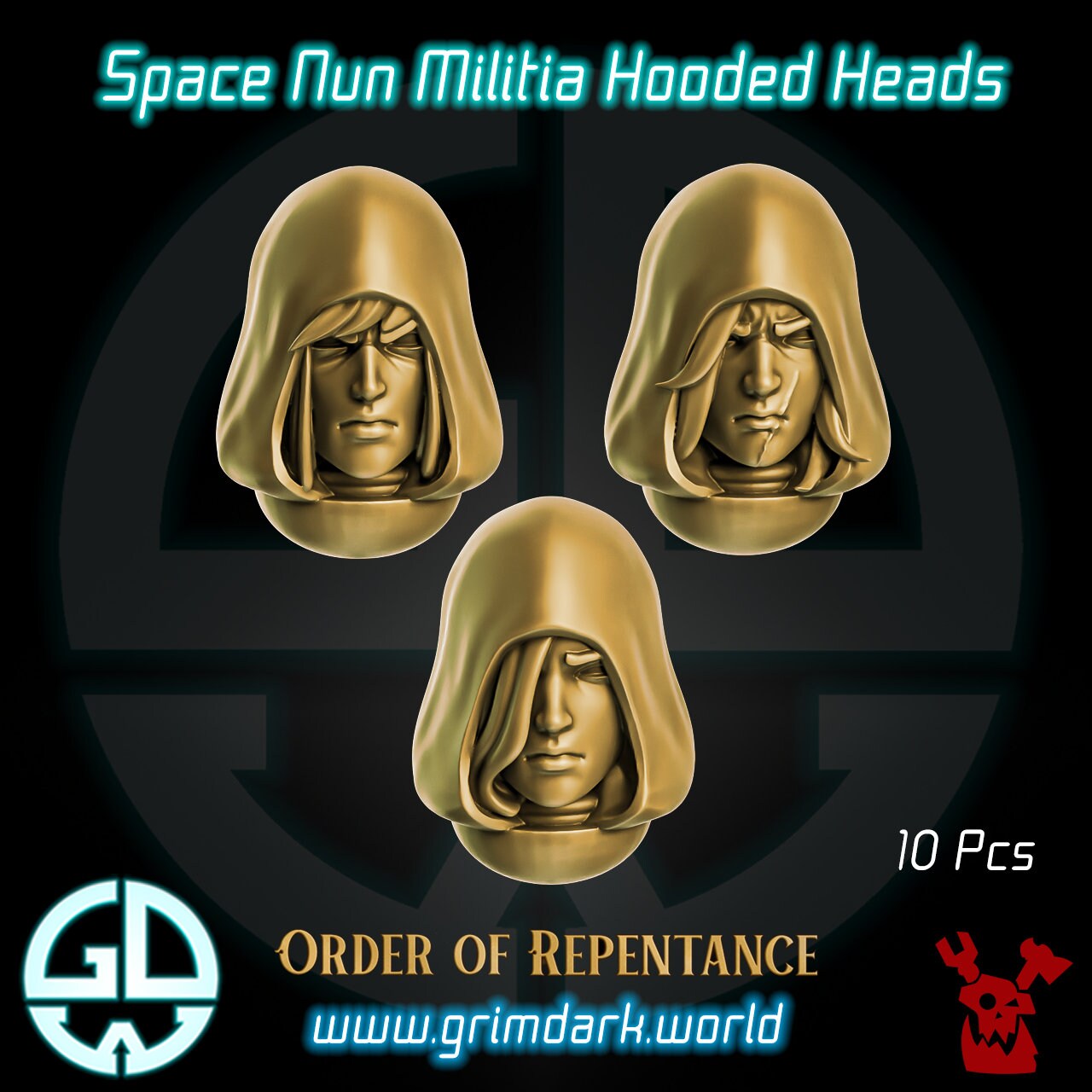 a set of three golden head heads with a black background