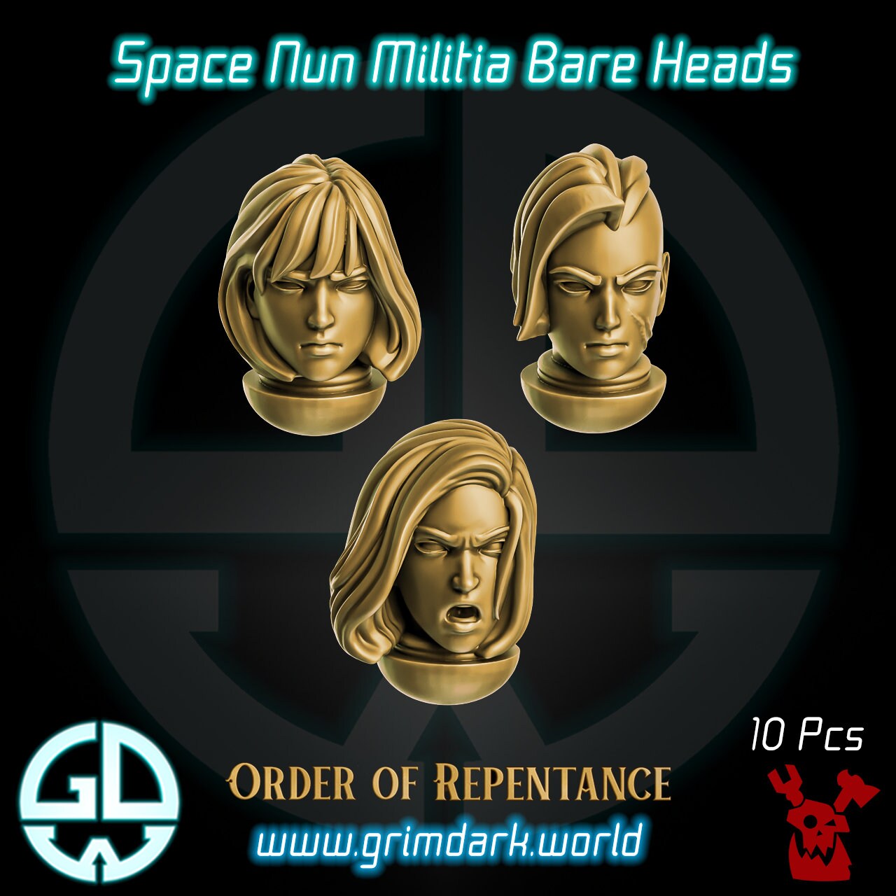 a set of three metal heads with a woman&#39;s face