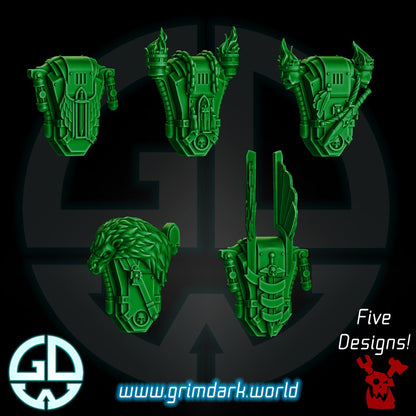 a set of five green warhammers on a black background